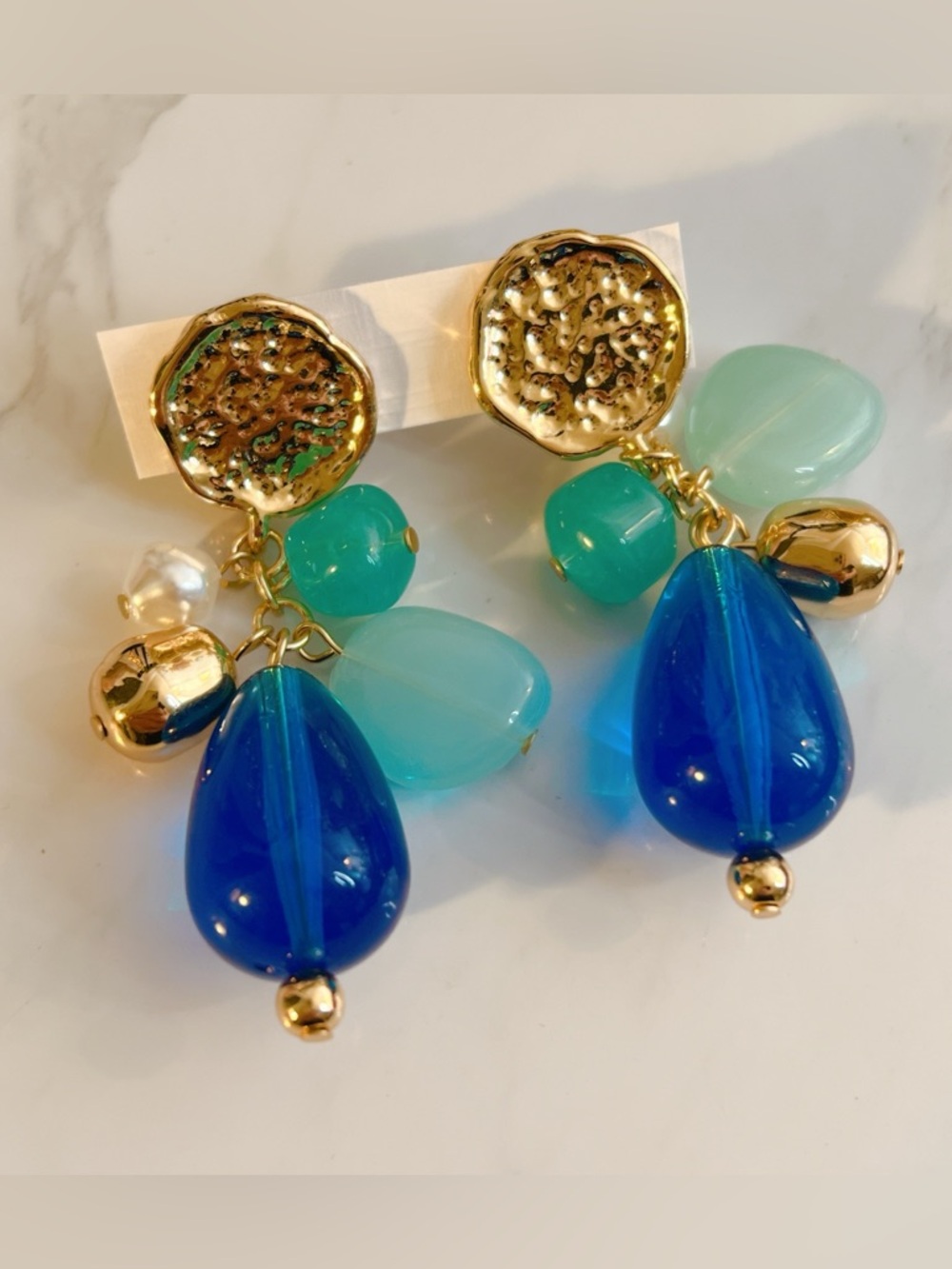 Gold plated Blue 🩵 aqua lucite pearl 2.5” earrings